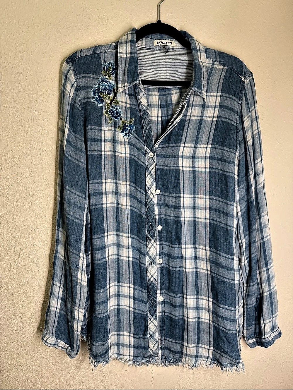 Paparazzi Plaid Embroidered Button Down in Blue & White